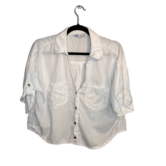 Zara Tops - Zara White Linen Button-Down Shirt – Size L